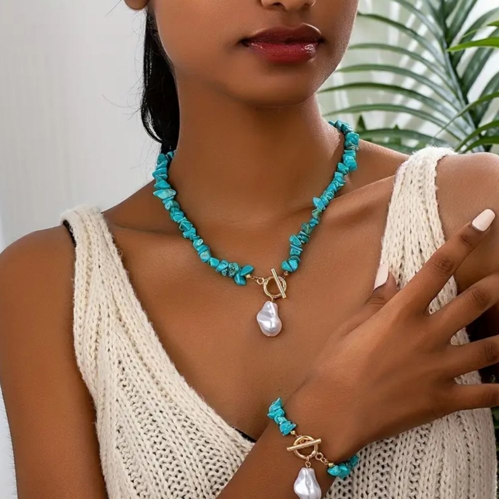 Turquoise and Pearl Beaded Golden  Necklace and Bracelet Set Fashion Jewelry